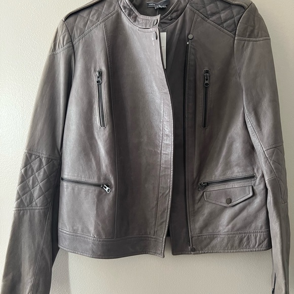 Vince NWT Gray Leather Biker Jacket with Quilted Sleeve Detail - size M - Picture 4 of 16
